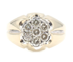 Men's Estate 10KT Yellow Gold 1.25 Ctw Round Diamond Cluster Statement Ring 8.5g