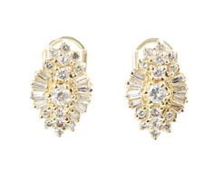 Estate 14KT Yellow Gold 1.30 ctw Round and Baguette Cluster Stud Earrings 4.9g