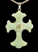 Carved Jade & Peridot 14KT Yellow Gold Cross Pendant on 10KT Snake Chain 26"