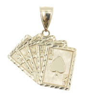 Textured 10KT Yellow Gold Royal Flush Playing Cards Necklace Pendant 1.4" - 3.7g
