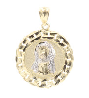 Medium 10KT Yellow Gold Two Tone Round Curb Link Bezel Jesus Necklace Pendant 