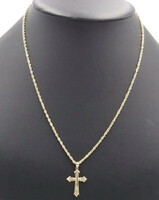 14KT Yellow Gold 1.2" Diamond Cut Cross Pendant on 20" 14KT Gold Rope Necklace