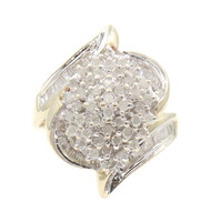1.20 ctw Round and Baguette Cut Diamond 10KT Yellow Gold Marquise Cluster Ring