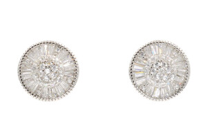 Sterling Silver Round and Baguette Cut Cubic Zirconia CZ Cluster Stud Earrings 