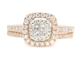Double Halo 0.88 Ctw Princess & Round Diamond 14KT Rose Gold Wedding Ring Set