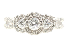 14KT White Gold 1.15 ctw Round Diamond Past Present Future Halo Engagement Ring