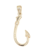 14KT Yellow Gold Detailed 1.2" Long Fishing Hook 3D Gold Hook Necklace Pendant 