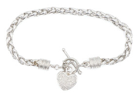 Sterling Silver 1/8 cttw Round Diamond Heart Charm 8" 925 Toggle Bracelet 24g 