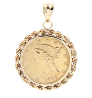 1900 Liberty Head Five D Gold Coin in 14KT Yellow Gold Rope Bezel Pendant 10.5g 