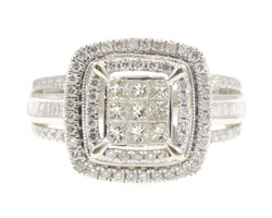 Double Halo 1.88 Ctw Princess, Baguette & Round Diamond 10KT Gold Cluster Ring