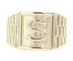 Men's Dollar Sign $ 10KT Yellow Gold Milgrain Watch Band Statement Ring - 4.64g