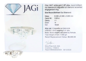 JAGi 1.37 Ctw Round Brilliant & Baguette Diamond 14KT White Gold Engagement Ring