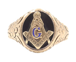 Black Onyx Oval Blue Enamel Free Mason Masonic Floral Band Detail 10KT Gold Ring