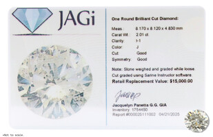 2.01 ctw Round Brilliant Cut Diamonds I1 J Good Cut Loose Diamond JAGi 