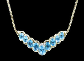 Graduated V-Style 6.70 Ctw Blue Topaz & Round Diamond 14KT Gold Bismark Necklace