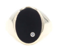 Men's Oval Black Onyx Inlay & Diamond Accent 10KT Yellow Gold Signet Ring 6.46g