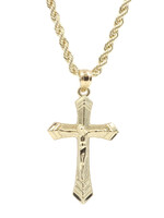 10KT Yellow Gold Crucifix Cross Pendant on 10KT 2mm Rope Chain 21.5" - 3.52g 