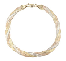 Italy Satin-Finish 18KT Tri-Color Gold Braided Herringbone Bracelet 8" - 6.59g