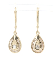 Estate 14KT Yellow Gold 0.64 ctw Round & Baguette Diamond Teardrop Earrings 3.7g