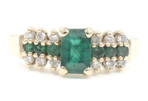 3-Row 0.65 Ctw Natural Emerald & Round Diamond Cluster 14KT Yellow Gold Ring BM