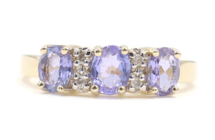 Women's 14KT Yellow Gold 3-Stone Oval Purple CZ & 0.04 Ctw Diamond Accents Ring