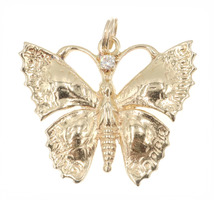 Solitaire 0.06 Ct Round Diamond 14KT Yellow Gold Detailed Butterfly Pendant 1.2"
