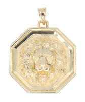 High Shine Octagonal 10KT Yellow Gold Detailed Lion's Head Necklace Pendant 1.4"