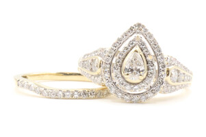 1.40 ctw Pear & Round Cut Double Halo 14KT Yellow Gold Wedding Ring Set 4.8g