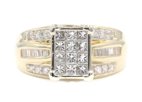 1 TW Princess, Round & Baguette Diamond 14KT Yellow Gold Cluster Engagement Ring