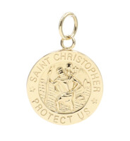 14KT Yellow Gold High Shine 0.8" Round Saint Christopher Protect US Pendant 1.0g