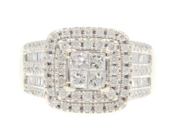 1 TW Princess, Round & Baguette Diamond 10KT Gold Double Halo Engagement Ring
