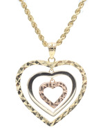 10KT Tri-Color Gold Triple Dangling Hearts Pendant on 14KT Rope Necklace 18" 