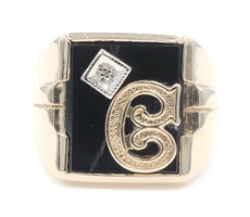 Men's Initial "G" 10KT Yellow Gold Black Onyx Inlay & Round Diamond Accent Ring
