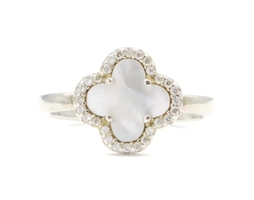 Sterling Silver 925 Quatrefoil Mother of Pearl & Round CZ Clover Halo Ring 2.72g