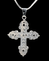 Large Detailed Sterling Silver Cross Pendant on 24" Silver Box Chain Necklace 