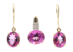 14KT Yellow Gold Oval Cut Rhodolite and Round Diamond Earring and Pendant Set