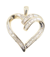 Ribbon-Style 0.70 Ctw Baguette Diamond 10KT Yellow Gold Open Heart Pendant 0.9"
