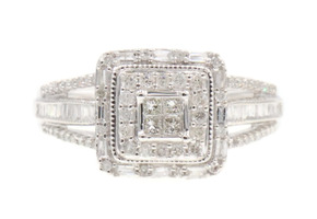 0.77 Ctw Princess, Round & Baguette Diamond 10KT White Gold Square Cluster Ring