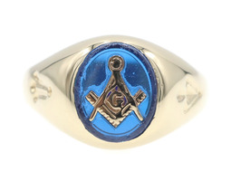 Men's 10KT Yellow Gold Oval Blue Glass Inlay Masonic Compass Ring Size 12 3/4