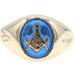 Men's 10KT Yellow Gold Oval Blue Glass Inlay Masonic Compass Ring Size 12 3/4
