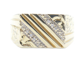 Estate 10KT Yellow Gold Nugget Style Diagonal 0.09 ctw Round Diamond Men's Ring 