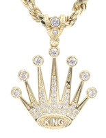 Milgrain 10KT Yellow Gold Round CZ "King" Crown Pendant on 10KT Rope Chain 24"