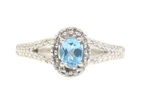 0.26 Ct Oval Cut Blue Topaz & Single Cut Diamond Halo 10KT White Gold Ring GND