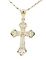 Diamond-Cut 10KT Yellow Gold Filigree Cross Pendant on 10KT Curb Chain 24" 5.10g
