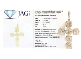 2.59 cttw Baguette & Round Brilliant 14KT Yellow Gold Cross 2" Pendant JAGi 9g