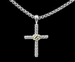 David Yurman Petite Cross 925 Sterling Silver with 14KT Yellow Gold 16" Necklace