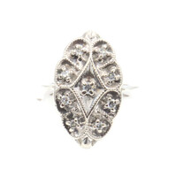 Antique-Style 0.10 Ctw Single Cut Diamond 14KT White Gold Milgrain Navette Ring