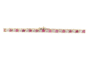 Natural 4.40 Ctw Princess Ruby & Round Diamond 10KT Gold Tennis Bracelet 7 3/4"
