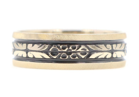 Vintage-Style 14KT Yellow Gold & Black Enamel 6.8mm Scroll Wedding Band Ring 