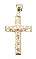 Women's 14KT Tri-Color Gold Open Hearts Inri Crucifix Necklace Pendant 2" - 3.9g